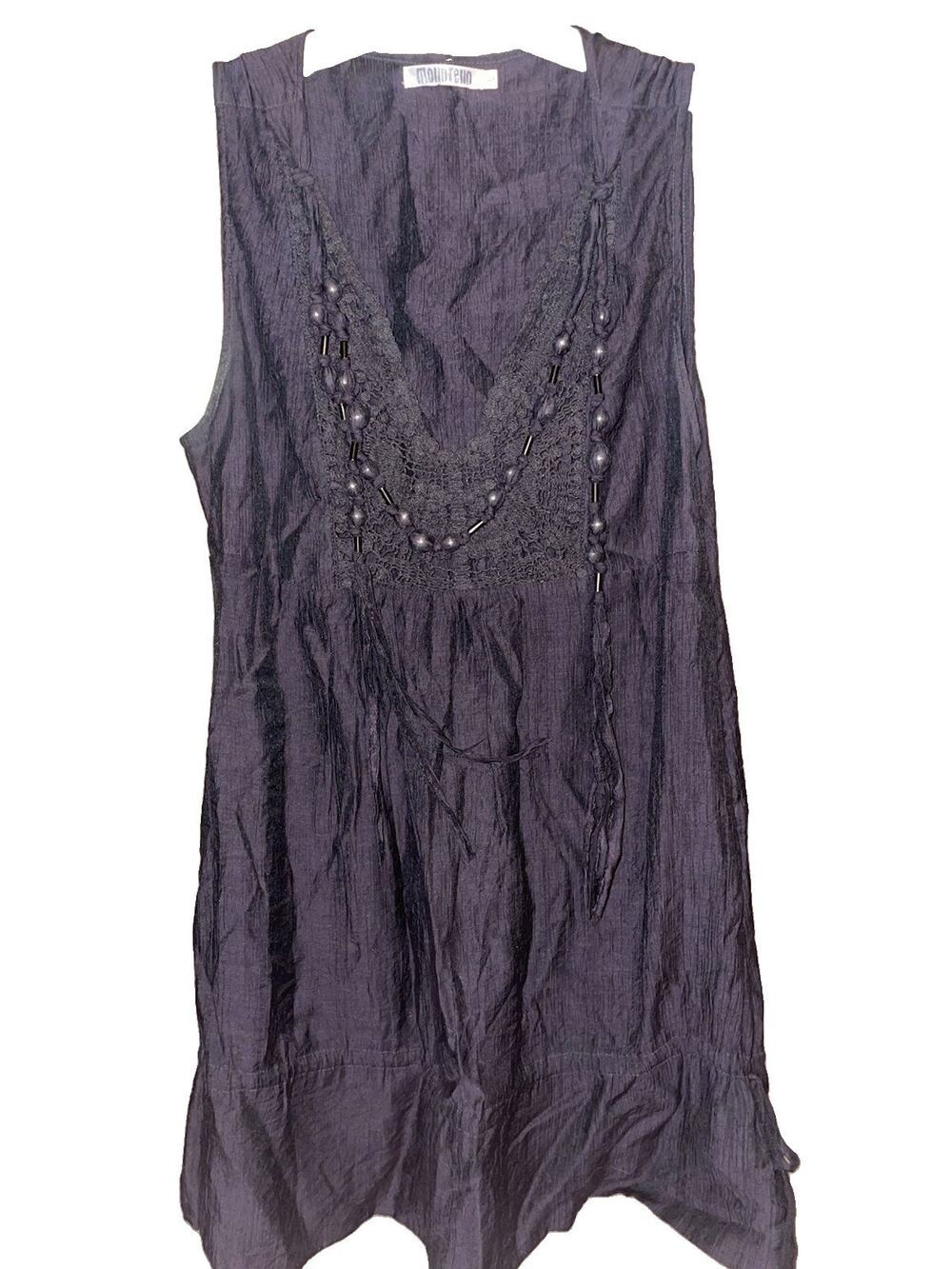 Monoreno Women’s Long Dark Gray Shimmery Boho Chic Dress With Crotchet Front L